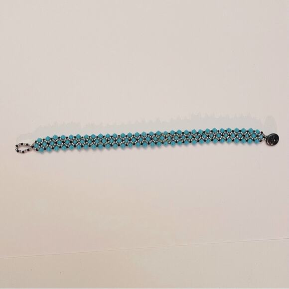 Handmade Netted Turquoise Bead Bracelet w/ Silver & Black Accents, Moon Face - Picture 8 of 8